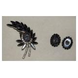 Vtg Black Hematite & Clear Stone Brooch & Earrings