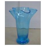 Hand Blown Neon Blue Ruffle Edge Vase