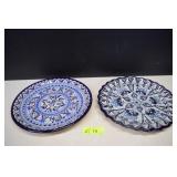 Two Vintage Talevera Blue Floral Pottery Plates