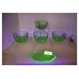 4 Uranium Candle Holders W/ Relish Tray
