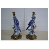 Two Porcelain Parrots Brass Mounted Candle Holders
