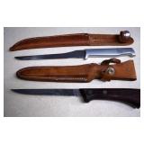 Two Filet Knives & Leather Sheaths,One Is Western
