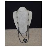 Hematite, Turq. Multi-Strand Heart Pend. Necklace
