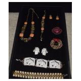 Vtg Brooches, Bracelets, Earrings & Orange/Abalone