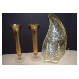 2- Marigold Etched Carnival Glass Bud Vases and