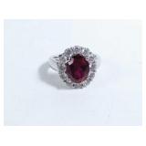 Ladies 925 Silver Dress Ring w/CZ's & Red Stone