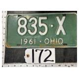 1961 Ohio License Plate 835 X