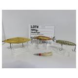4 Vintage wood lures unk mfg.  one money