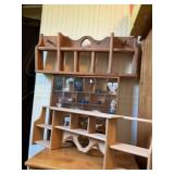 Shadowbox with contents, wooden lamp, table,