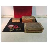 3 WOODEN CIGAR BOXES & PATCHES