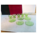 10 URANIUM GLASS DISHES 5 SHERBERTS & 5 SM PLATES
