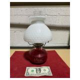 **OIL LAMP W/ MILK GLASS HOBNAIL SHADE