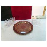 SILVER PLATE TRAY & 3 LEAD CRYSTAL VASES