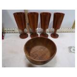 **BURL WOOD BOWL & 3 GLASSES
