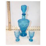 *BLUE GLASS DECANTER & GLASSES GLOWS