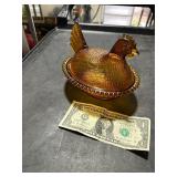 INDIANA GLASS AMBER HEN ON THE NEST GLOWS