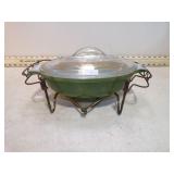 *MCM GLASBAKE OVAL CASSEROLE & METAL HOLDER