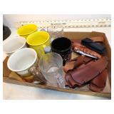 **MUGS, 2 KNIVES & 7 LEATHER SHEATHES