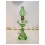GREEN GLASS OIL LAMP & CHIMNEY