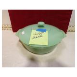 *FIRE KING JADITE CASSEROLE HAS CHIP ON HANDLE T