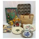 Antique embossed muffin pan, tray, purse, etc