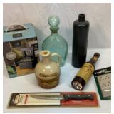 Crock water jug, Seagrams flashlight, etc