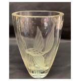 Vtg etched art glass vase. Thick.