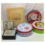 Christmas tins, wood box, etc.