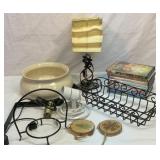 Metal basket, pottery bowl, lights, etc.