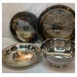 Silver plate platters, bowl, footed pie stand