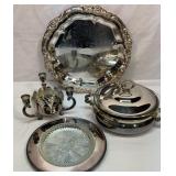 Silver plate platter, divided dish, candle