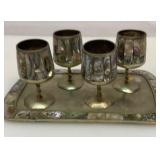 Vtg Alpaca and Abalone cordial glasses and tray