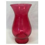 Cranberry glass hurricane vase. 11 inches tall.