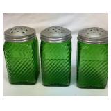 Three Owens-Illinois green glass shakers