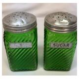 Two Owens Illinois green glass shaker