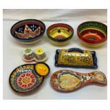 Decorative bowls, butter dish, salt pepper, etc