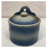 Antique blue white stoneware salt crock with lid