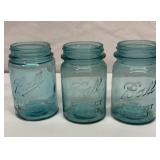 Three green Ball perfect mason jars. Pint size.