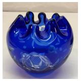 Cobalt blue cut to clear ruffled edge rose bowl