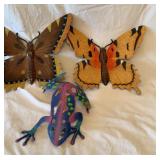 Two large hard plastic butterflies and metal frog