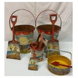 Vtg metal beach pails with shovels