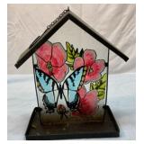 Glass and metal birdfeeder. 13 inches tall.