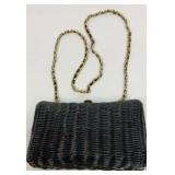 Black woven plastic wicker purse