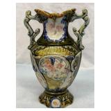 Antique Majolica ornate double handle vase