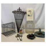 Coffee jar, suet cage, metal sconce, bird