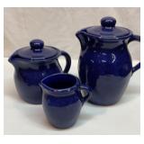 Cobalt blue spatter ware pottery coffee pots, etc