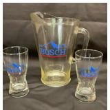 Busch beer pitcher and two 5.5 inch glasses