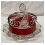 Ruby stained butter dish. Snail pattern.