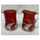 Duncan no360. Ruby stain tumbler and pitcher.