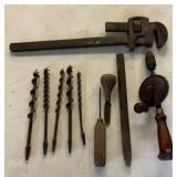 Hand drill, auger bits, pipe wrench, etc